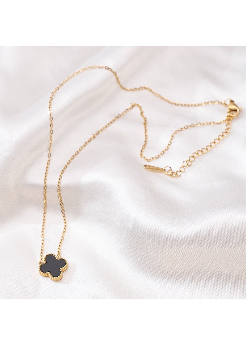 OMEVE - Women's 18k gold Petal Necklace, Double Sided Lucky Flower Four Leaf Clover(Black) - Image 1