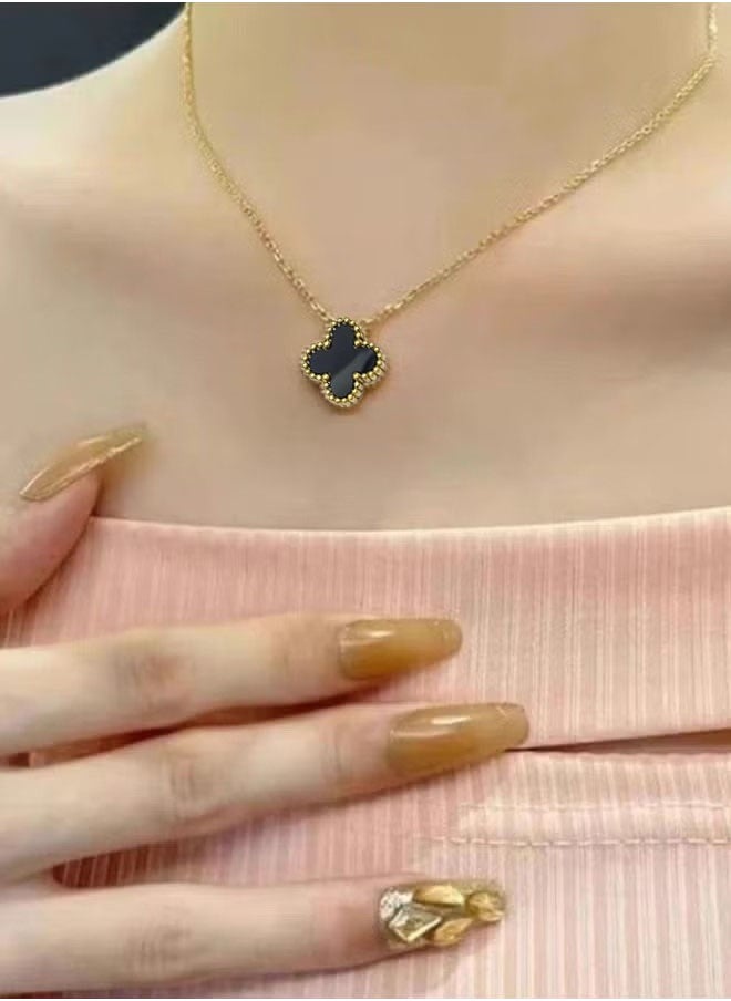 OMEVE - Women's 18k gold Petal Necklace, Double Sided Lucky Flower Four Leaf Clover(Black) - Image 1