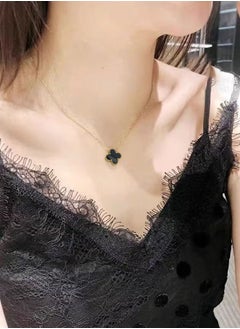 Women's 18k gold Petal Necklace, Double Sided Lucky Flower Four Leaf Clover(Black)