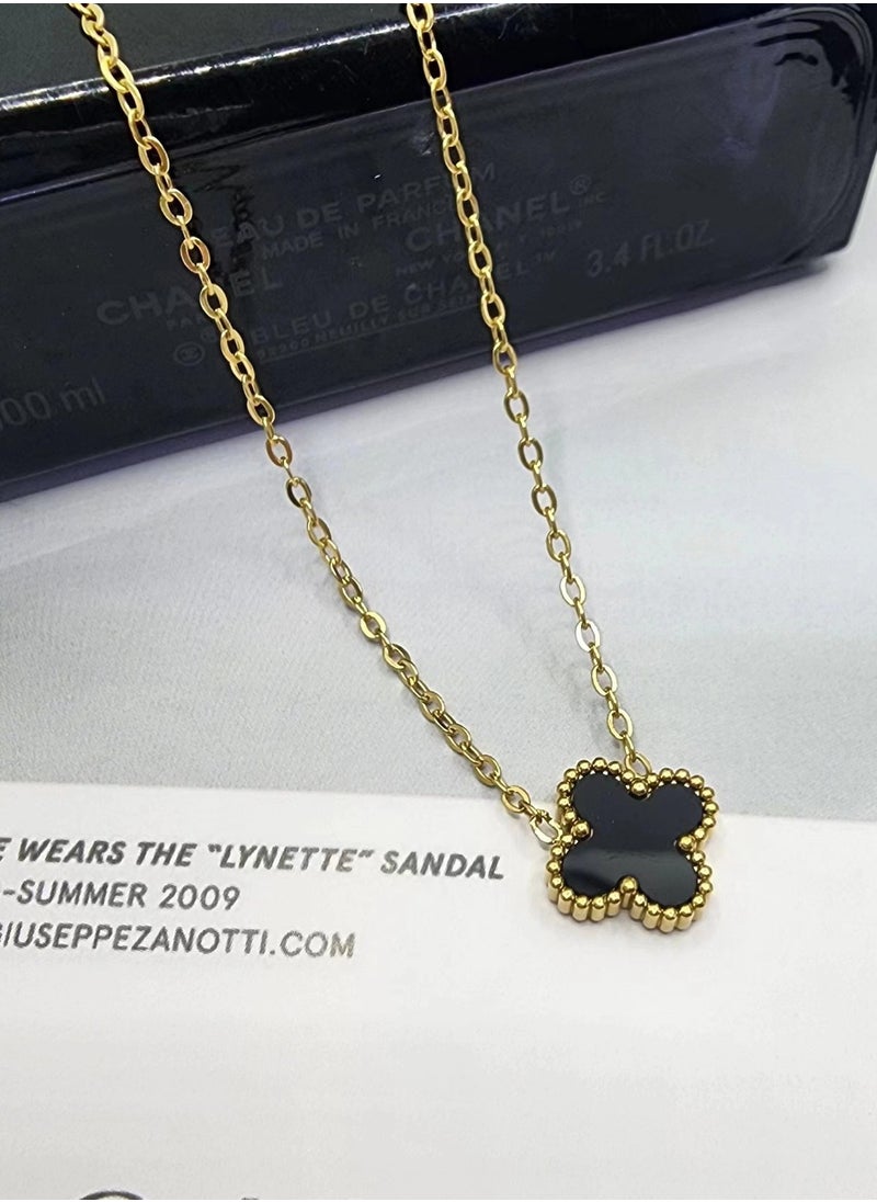 OMEVE - Women's 18k gold Petal Necklace, Double Sided Lucky Flower Four Leaf Clover(Black) - Image 1