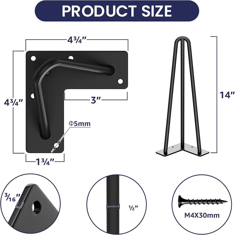 PRAMUKH FASHION PRAMUKH FASHION 14 inch Long Heavy Duty Hairpin Legs Metal Hair Pin Furniture Legs Black Powder Coating Finish for DIY Coffee Table Chair Bench Set of 4 14 Inch ThreeRod - Image 2