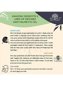 Devinez Saw Palmetto Certified Oil 15ml (serenoa repens) 100% Pure l & Undiluted Therapeutic grade for skin & hair care with Glass Dropper & Glass Bottle  - Image 5
