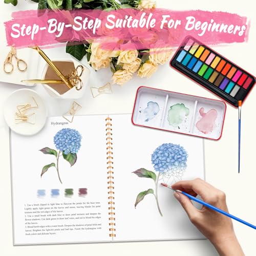 Cbcmpica Watercolor Workbook Coloring Book Beginner Friendly Painting Kit Watercolor Workbooks for Adults Exploration Gift for Adults Teens FlowersAnimals 24 Color Palette - Image 3