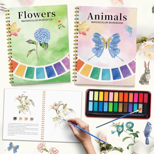 Cbcmpica Watercolor Workbook Coloring Book Beginner Friendly Painting Kit Watercolor Workbooks for Adults Exploration Gift for Adults Teens FlowersAnimals 24 Color Palette - Image 1
