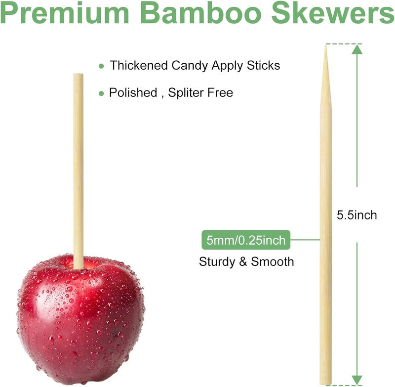 CJFocus Bamboo Candy Apple Skewer Sticks Semi Pointed, 5mm 5.5inch Cotton Rock Candy Caramel Lollipop Sticks, Natural Wooden BBQ Barbecue Skewer for Corn Dog 50 PCS - Image 2
