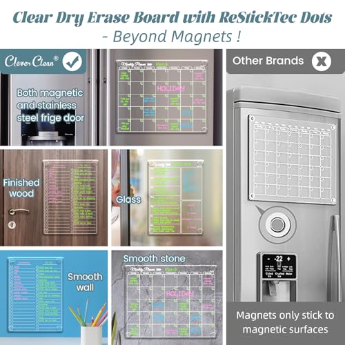 Clever Clean Clear Non-Magnetic Calendar Set for Fridge - Dry Erase Transparent Monthly, Weekly Calendar and List Board - Sticks to Wall, Glass, Door, Any Smooth Surfaces - Image 3