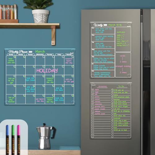 Clever Clean Clear Non-Magnetic Calendar Set for Fridge - Dry Erase Transparent Monthly, Weekly Calendar and List Board - Sticks to Wall, Glass, Door, Any Smooth Surfaces - Image 1