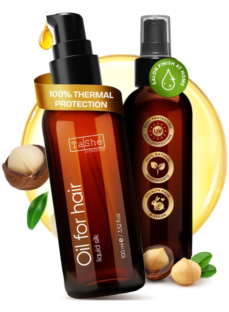 تاش زيت شعر للحماية الحرارية "LIQUID SILK" | واقٍ حراري حتى 450°F / 230°C | عناية بالشعر للعودة إلى المدرسة | يغذي الشعر الجاف والمصبوغ | خالٍ من الكبريتات | 100 مل - Image 1