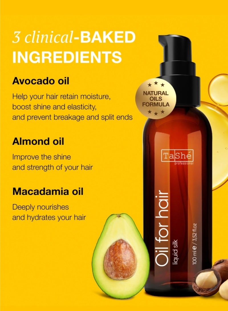 تاش زيت شعر للحماية الحرارية "LIQUID SILK" | واقٍ حراري حتى 450°F / 230°C | عناية بالشعر للعودة إلى المدرسة | يغذي الشعر الجاف والمصبوغ | خالٍ من الكبريتات | 100 مل - Image 3