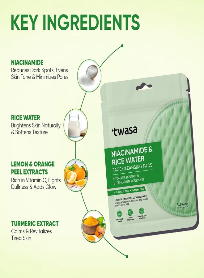 Twasa Niacinamide & Rice Water Face Cleansing Pads (60 Pads) | Brightening, Pore Refining & Tan Removal Pads with Glycolic Acid, Vitamin C & Pro-Vitamin B5 | Ideal for All Skin Types | Pack of 1 - Image 3