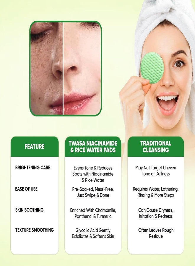 Twasa Niacinamide & Rice Water Face Cleansing Pads (60 Pads) | Brightening, Pore Refining & Tan Removal Pads with Glycolic Acid, Vitamin C & Pro-Vitamin B5 | Ideal for All Skin Types | Pack of 1 - Image 4