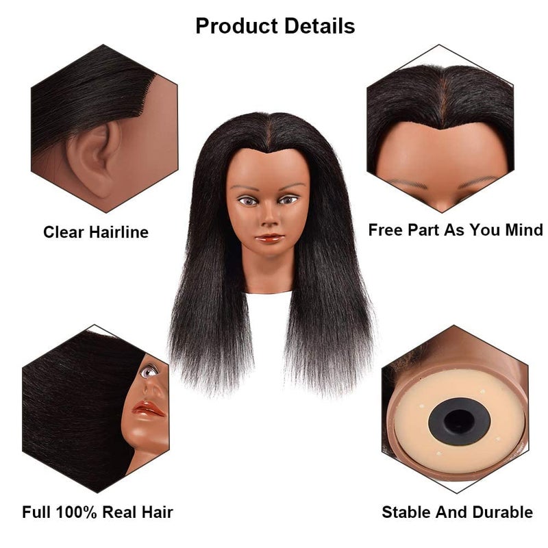 headdoll رأس دمية مع شعر بشري حقيقي 100% بطول 14 بوصة رأس تدريب دمية رأس تجميل رأس مصفف شعر لممارسة تصفيف الشعر مع حامل - Image 2