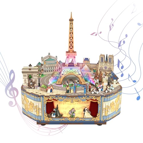 Tonecheer Wooden Music Box Puzzle for Adults DIY Rotating Music Box Kit 3D Creative Musical Puzzle Crafts Model Building Kits Desk Decor Birthday Romantic Paris - Image 1