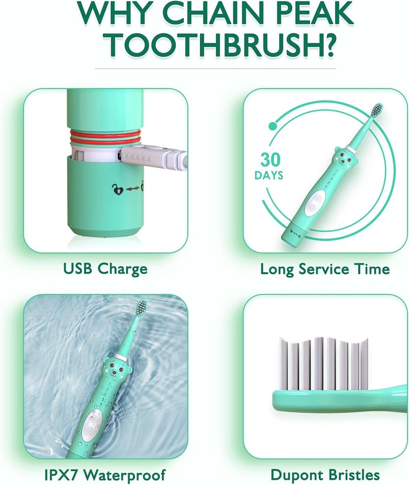 Luckam فرشاة أسنان كهربائية سونيك للأطفال، فرشاة أسنان دب لطيفة قابلة لإعادة الشحن للأطفال، الأولاد والبنات من عمر 3-12 مع تذكير 30 ثانية، مؤقت 2 دقيقة، 5 أوضاع، 4 رؤوس فرشاة، فرشاة أسنان دب - Image 5