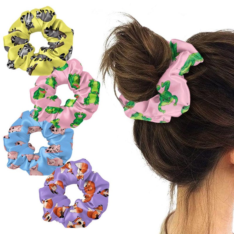 WIRESTER 4 Pcs Satin Hair Scrunchies Silk Hair Ties Soft Elastic Hair Bands Ponytail Holder Silky Curly Hair Accessories for Women Girls  Fox Raccoon Pig Frog Playful Postures