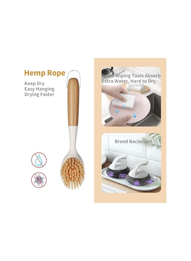 PROMASS 2 Pack Kitchen Dish Brush,Bamboo Handle Dish Scrubber Built-in Scraper,Sisal Bristles,Scrub Brush for Pans,Pots,Kitchen Sink Cleaning,Dishwashing and Cleaning Brushes are Perfect Cleaning Tools - Image 3
