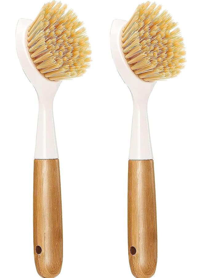 PROMASS 2 Pack Kitchen Dish Brush,Bamboo Handle Dish Scrubber Built-in Scraper,Sisal Bristles,Scrub Brush for Pans,Pots,Kitchen Sink Cleaning,Dishwashing and Cleaning Brushes are Perfect Cleaning Tools - Image 1