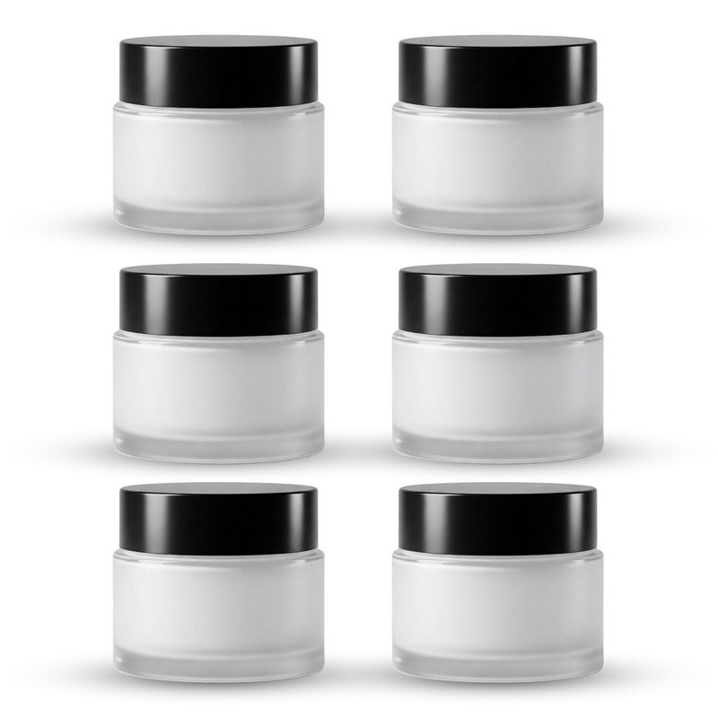 Devinez Multipurpose Pack of 6 Round Frost Glass Cosmetic Jars30gm with Inner Liners and Black Lids Travel Jars Refillable for Makeup Cream Lotion Sugar Scrubs Eye Shadow Paint Jewelry - Image 1