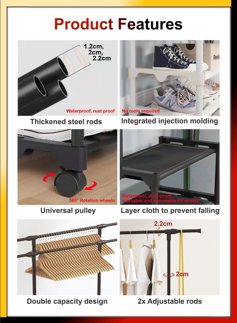 دي بلو متعددة الوظائف الثقيلة 2 الطبقة مع قضبان مزدوجة معطف الملابس قبعة أكياس شماعات أسفل تخزين الرف منظم الملابس رفوف الأحذية شنق الطابق القماش تجفيف الوقوف للغسيل غرفة نوم الحمام - Image 5