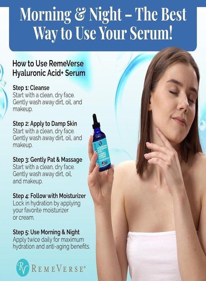 RemeVerse Hyaluronic Acid Serum with Vitamin C & Green Tea Extract - 100% Pure Formulation for Face, Lips & Décolleté - Intense Moisture for Dry Skin & Fine Lines for a Youthful & Plump Look, 1 oz - Image 2