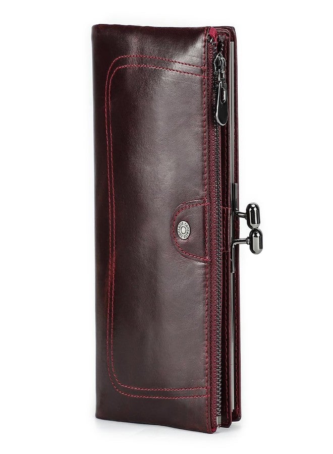 كونتاكتس محفظة كونتاكتس النسائية ذات القفل الرضّي، مصنوعة من الجلد، مزودة بمشبك رضّي، محفظة ثنائية الطي، حامل بطاقات وهاتف، مزودة بتقنية حجب الترددات اللاسلكية (أحمر) - Image 1