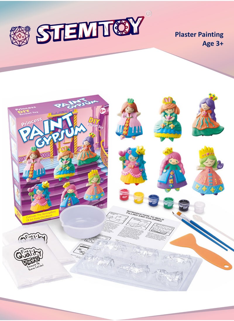STEMTOY DIY Plaster Princess Painting Set with 6 Paint Colors, Molds, and Brush, Creative Arts & Crafts Mould & Paint Paint Gypsum Kit for Kids, Includes Magnetic Stickers for Refrigerator Magnets, Color & Focus Development, Toy Birthday Gift for Kids Girls 3+  - Image 1