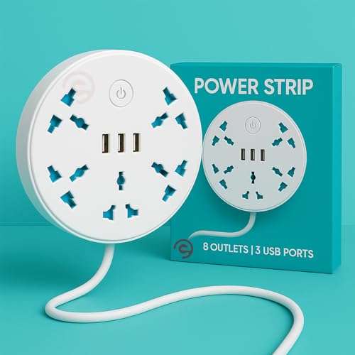 Ezoubuy 8-in-1 Travel Power Strip Extension Board - 5 Universal Sockets & 3 USB Ports - Multi Plug Extension Cord - White Wire Extender for Home, Office & Travel - Image 1