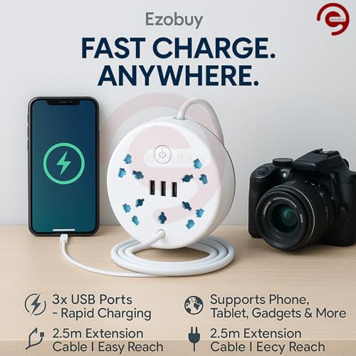 Ezoubuy 8-in-1 Travel Power Strip Extension Board - 5 Universal Sockets & 3 USB Ports - Multi Plug Extension Cord - White Wire Extender for Home, Office & Travel - Image 4