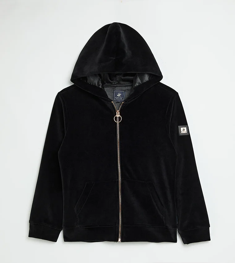 Zippered Hooded Velvet Jacket