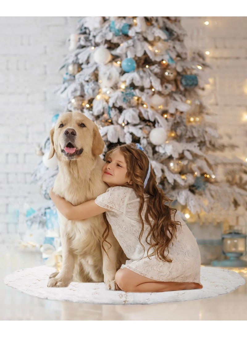 تشيلور تنورة شجرة عيد الميلاد من تشيلور، مقاس 48 بوصة، مصنوعة من الفرو الصناعي الأبيض الثلجي، بنقشة ثلجية ذهبية، لتزيين حفلات عيد الميلاد المنزلية. - Image 5