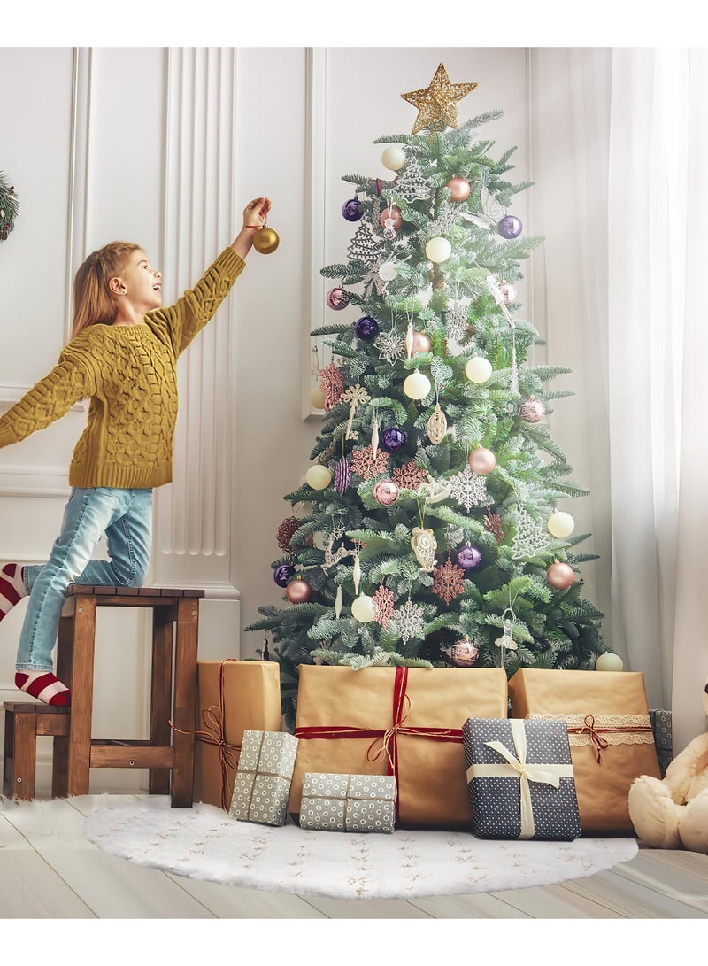 تشيلور تنورة شجرة عيد الميلاد من تشيلور، مقاس 48 بوصة، مصنوعة من الفرو الصناعي الأبيض الثلجي، بنقشة ثلجية ذهبية، لتزيين حفلات عيد الميلاد المنزلية. - Image 3