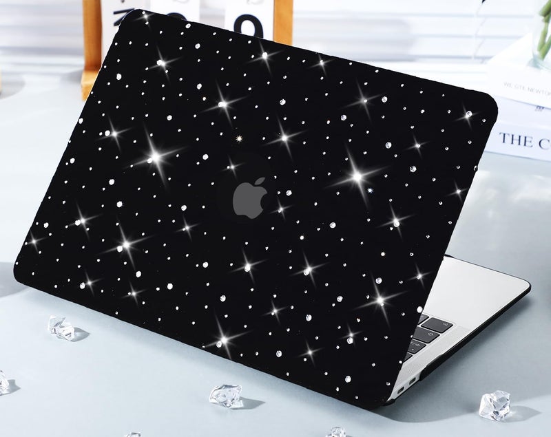 KEROM Diamond Case for MacBook Pro 13 inch 2024-2016 M2 M1 A2338 A2289 A2251 A2159 A1989 A1706 A1708, Luxury Bedazzled Bling Shiny Sparkle Glitter PU Leather Hard Shell Case & Keyboard Cover, Black - Image 1