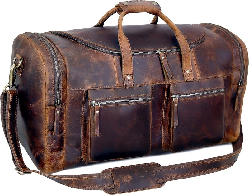 HLC 28" Vintage Duffel Classic Style with Modern Outlook Retro Thick Full Grain Cowhide Handmade Airplane Underseat Carry On Bags Leather Gym Overnight Luggage Bag - Image 1