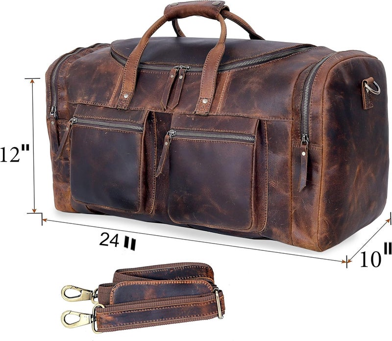 HLC 28" Vintage Duffel Classic Style with Modern Outlook Retro Thick Full Grain Cowhide Handmade Airplane Underseat Carry On Bags Leather Gym Overnight Luggage Bag - Image 5