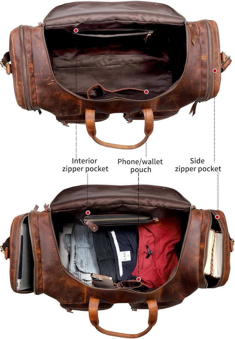 HLC 28" Vintage Duffel Classic Style with Modern Outlook Retro Thick Full Grain Cowhide Handmade Airplane Underseat Carry On Bags Leather Gym Overnight Luggage Bag - Image 4