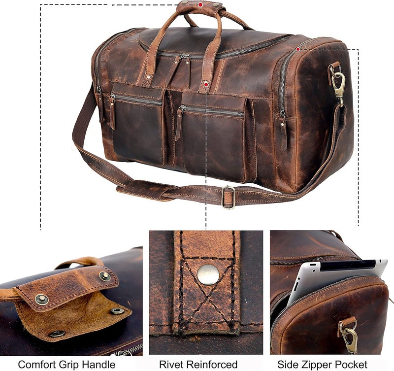 HLC 28" Vintage Duffel Classic Style with Modern Outlook Retro Thick Full Grain Cowhide Handmade Airplane Underseat Carry On Bags Leather Gym Overnight Luggage Bag - Image 2