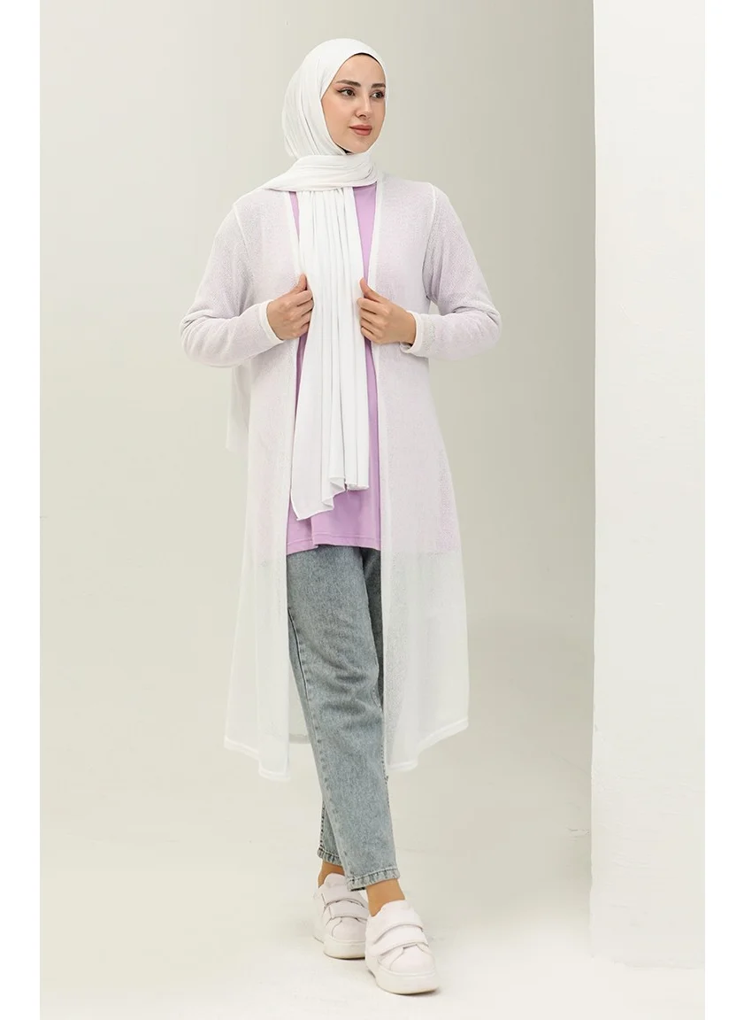 Sefa Merve Plain Long Cardigan 8618-01 Ecru