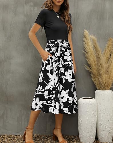 Zattcas Women 2026 Summer Dress Short Sleeve Ribbed Teacher Church Modest Business Casual Work Outfits Midi Dress with Pockets Blackblackwhite M - Image 2