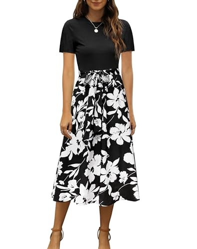 Zattcas Women 2026 Summer Dress Short Sleeve Ribbed Teacher Church Modest Business Casual Work Outfits Midi Dress with Pockets Blackblackwhite M - Image 1