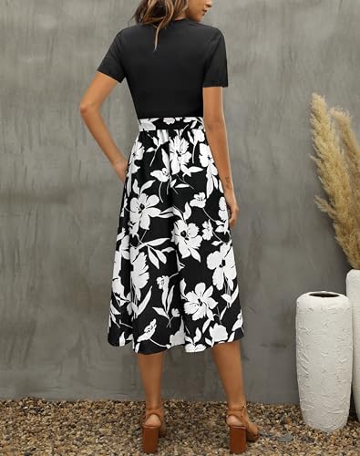 Zattcas Women 2026 Summer Dress Short Sleeve Ribbed Teacher Church Modest Business Casual Work Outfits Midi Dress with Pockets Blackblackwhite M - Image 3