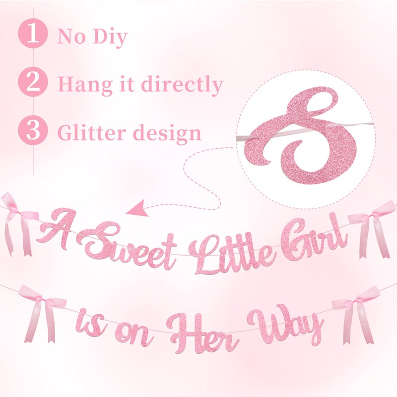 Aukolass A Sweet Little Girl is on Her Way Banner for Bow Baby Shower Decorations, Pink Glitter Baby Garland for Baby Girl Coquette Party Decor - Image 3