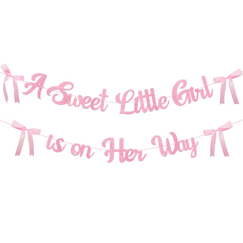 Aukolass A Sweet Little Girl is on Her Way Banner for Bow Baby Shower Decorations, Pink Glitter Baby Garland for Baby Girl Coquette Party Decor - Image 1