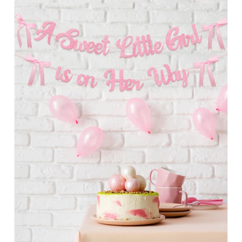 Aukolass A Sweet Little Girl is on Her Way Banner for Bow Baby Shower Decorations, Pink Glitter Baby Garland for Baby Girl Coquette Party Decor - Image 4