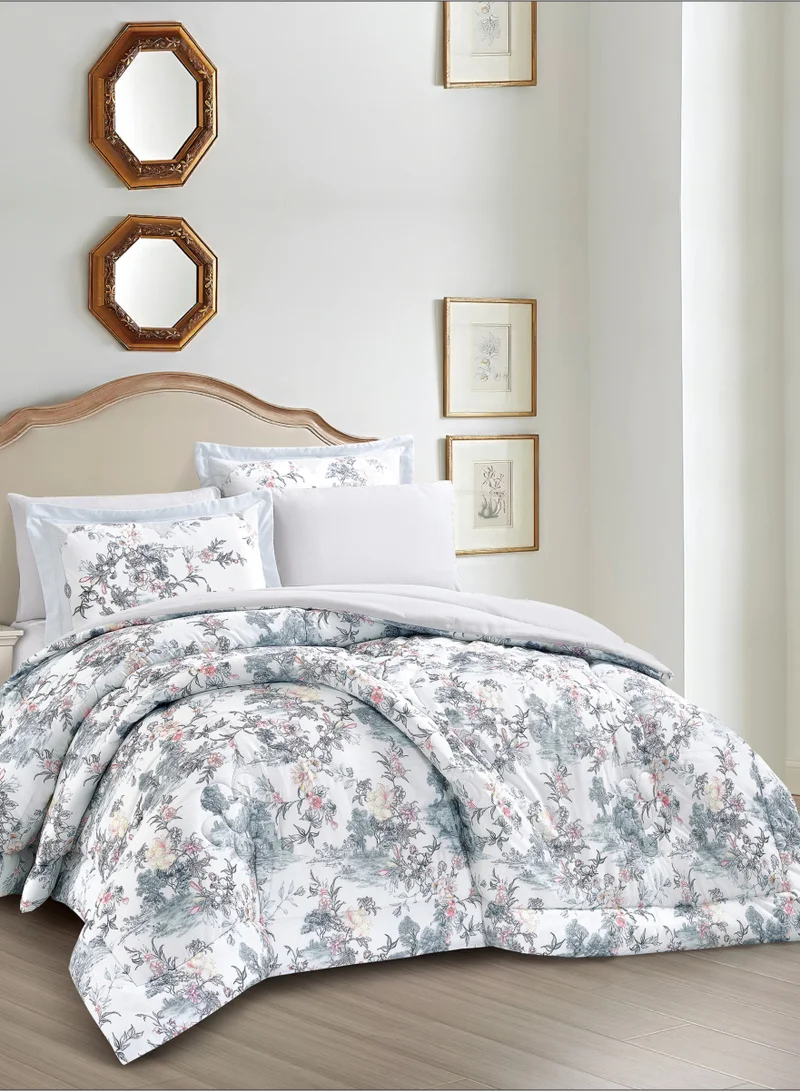 Donetella Comforter Set 6-Pcs King Size Printed Reversible Double Bed FIt 200 x 200 CM All Season Comforter With (350 GSM) Down Alternative Filling, Silver
