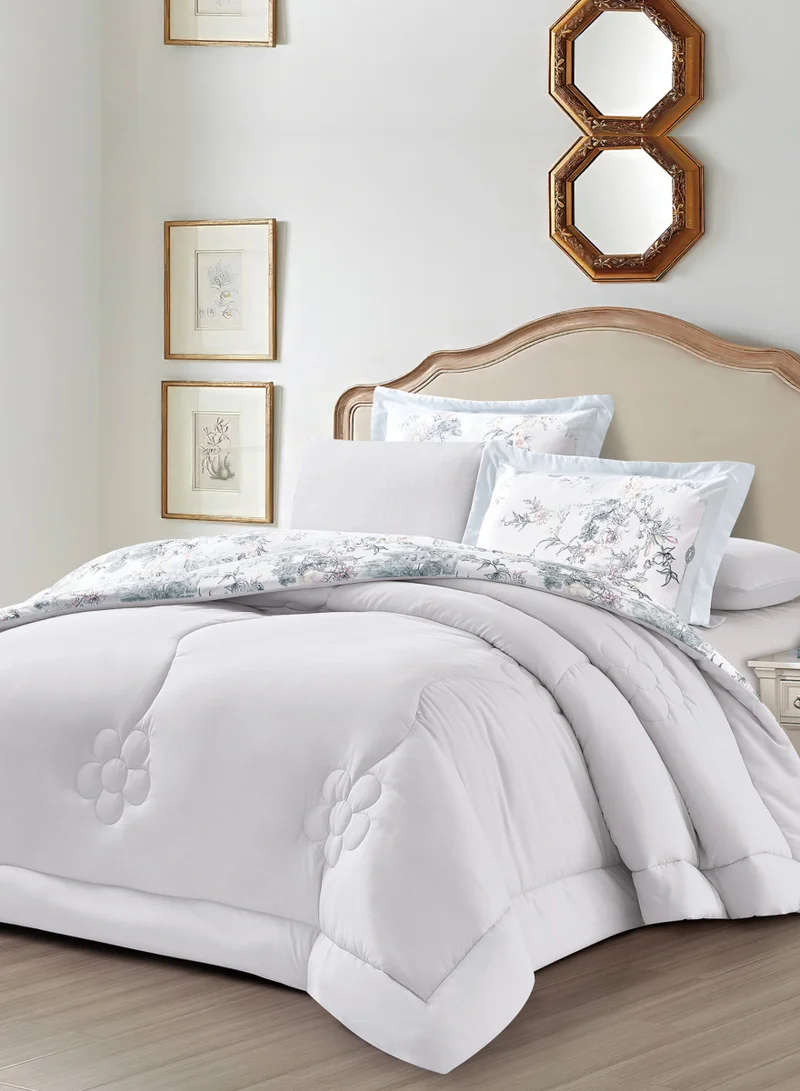 Donetella Comforter Set 6-Pcs King Size Printed Reversible Double Bed FIt 200 x 200 CM All Season Comforter With (350 GSM) Down Alternative Filling, Silver