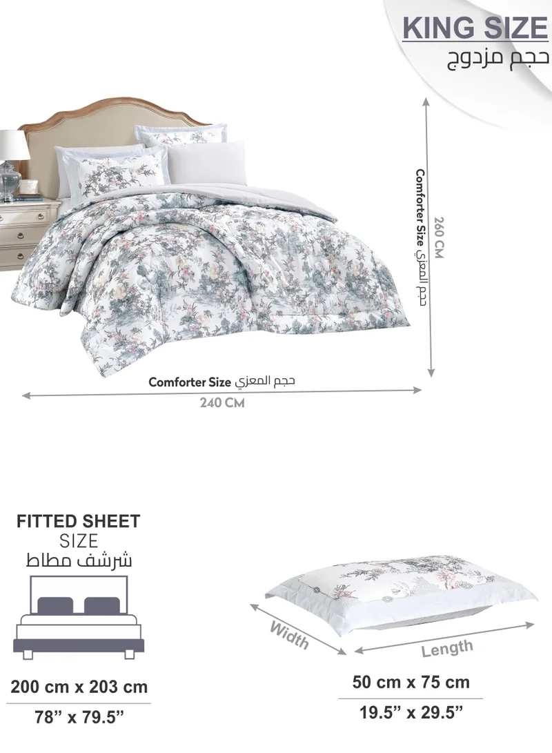 Donetella Comforter Set 6-Pcs King Size Printed Reversible Double Bed FIt 200 x 200 CM All Season Comforter With (350 GSM) Down Alternative Filling, Silver