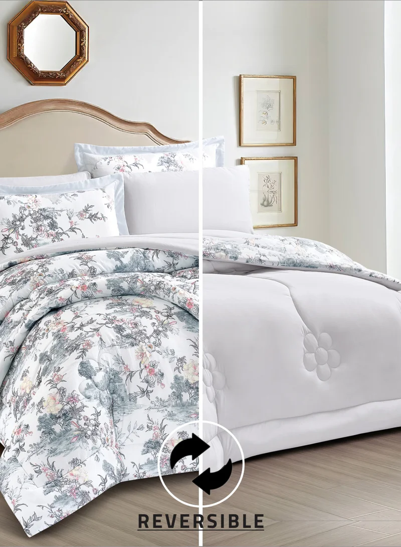 Donetella Comforter Set 6-Pcs King Size Printed Reversible Double Bed FIt 200 x 200 CM All Season Comforter With (350 GSM) Down Alternative Filling, Silver