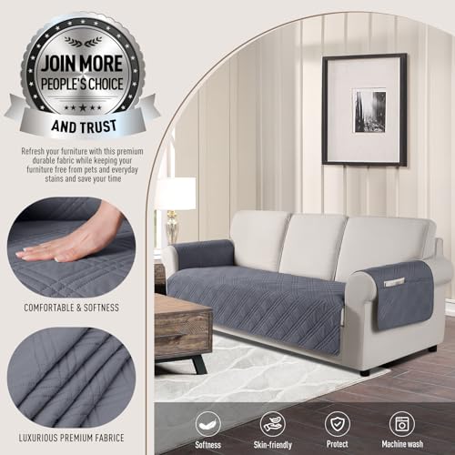 TAOCOCO Waterproof Couch Covers for Pets Dogs with Non Slip Backing, Sofa Seat Covers with Side Pocket for 3 Cushion Couch Washable Dog Couch Cover Protector Sofa Slipcovers(Sofa, Dark Grey) - Image 2