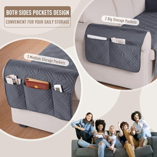 TAOCOCO Waterproof Couch Covers for Pets Dogs with Non Slip Backing, Sofa Seat Covers with Side Pocket for 3 Cushion Couch Washable Dog Couch Cover Protector Sofa Slipcovers(Sofa, Dark Grey) - Image 5