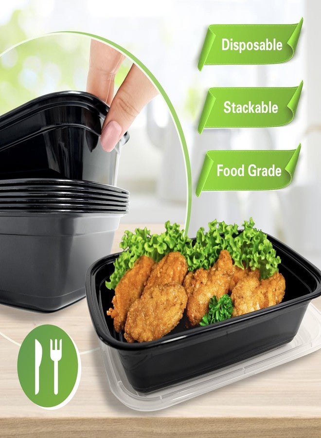 Slomg 50 Pack 38 oz Meal Prep Containers, Disposable Plastic Food Storage Containers with Lids, Leakproof Stackable to Go Take out Containers Black Lunch Bento Box Microwave Dishwasher Freezer Safe - Image 3